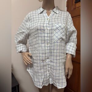 Laguna Linen Relaxed Button Down Plaid Blue/White Shirt Size Large